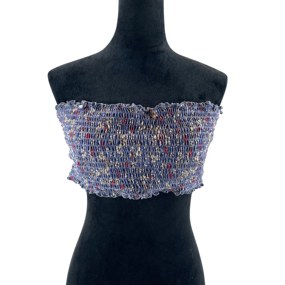 TRUE CRAFT Floral Smocked Bandeau Bikini Top Blue Miniature Print Women's XXL
